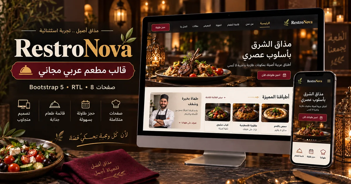 RestroNova: قالب مطعم عربي مجاني Bootstrap 5 لموقع احترافي ومتجاوب