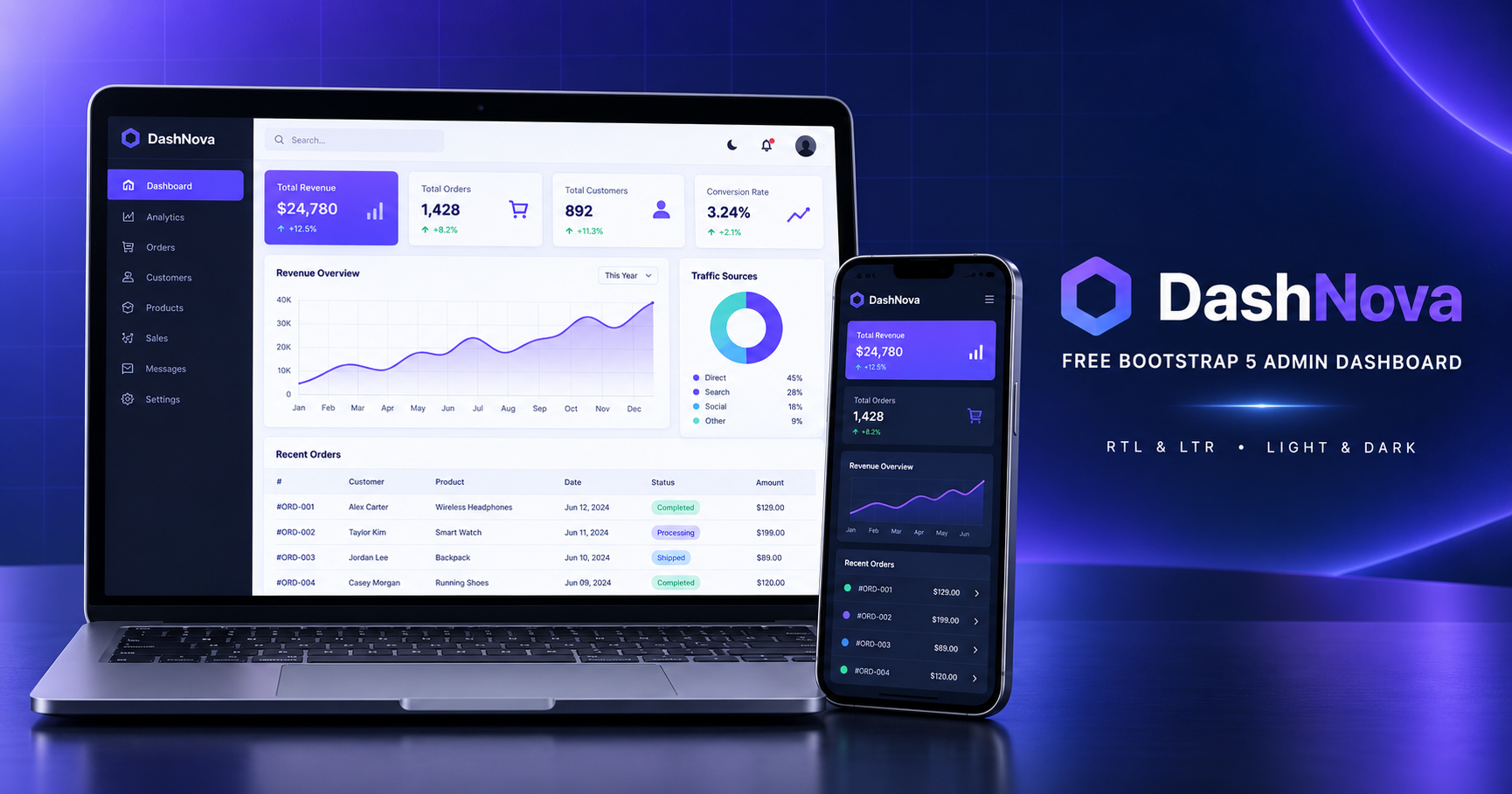 DashNova — قالب لوحة تحكم Bootstrap 5 مجاني بالعربية والإنجليزية