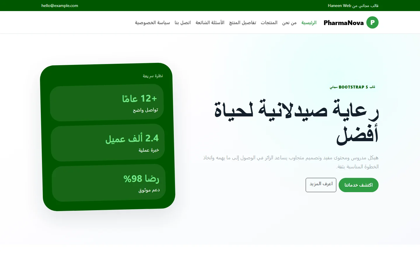 PharmaNova – قالب رعاية صيدلانية لحياة أفضل مجاني Bootstrap 5 بتصميم RTL