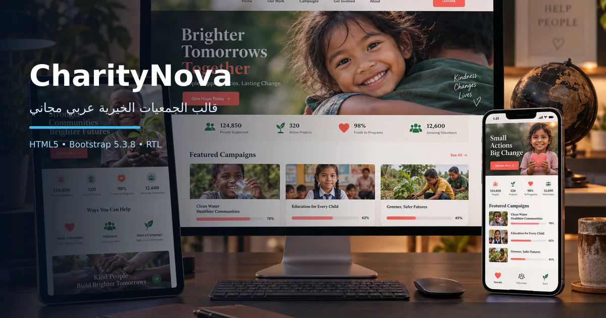 CharityNova – قالب الجمعيات الخيرية عربي مجاني Bootstrap 5 بتصميم RTL